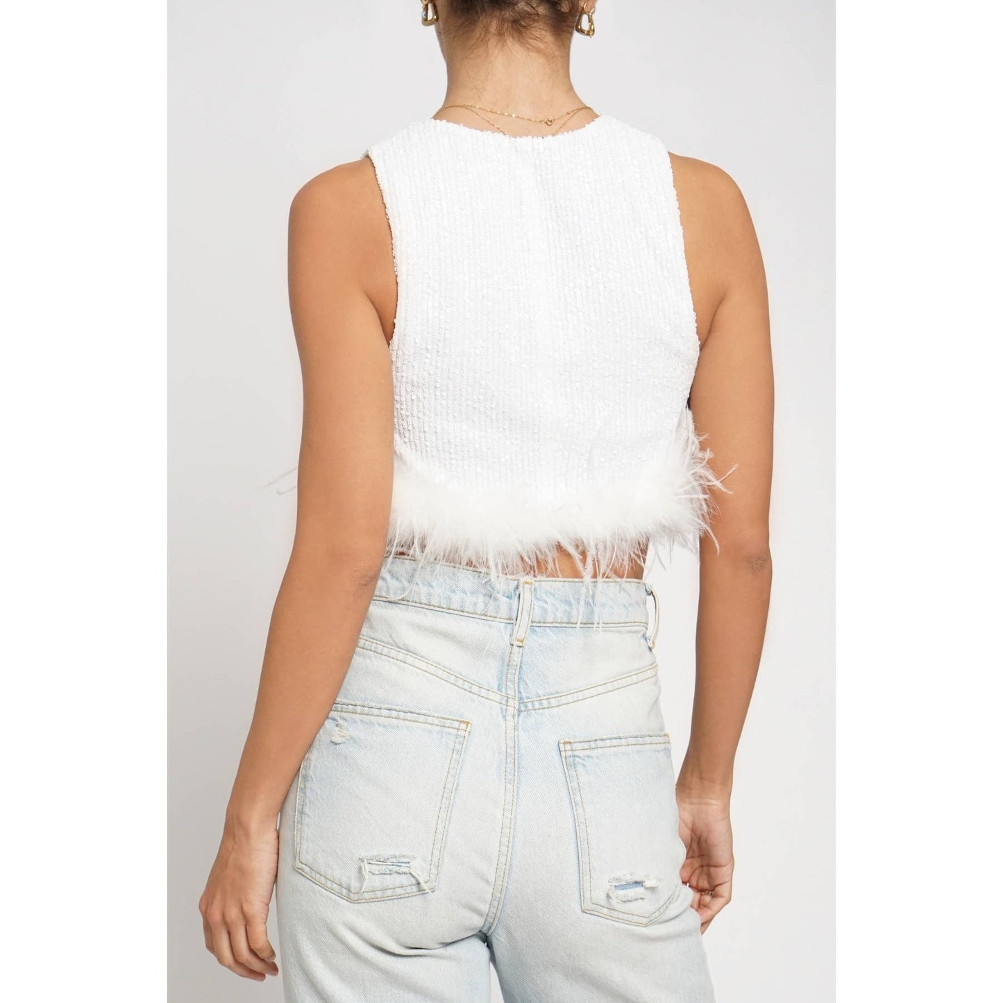 CROPPED FEATHER SEQUIN TOP